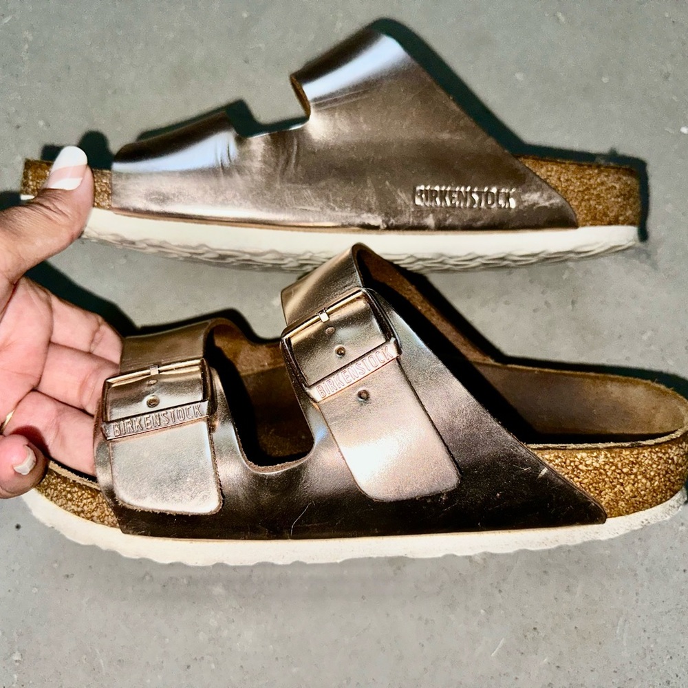 Birkenstock gold/bronze Leather Footbed Sandals - Picture 2 of 5